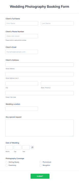 Wedding Photography Booking Form Template