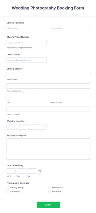 Wedding Photography Booking Form Template