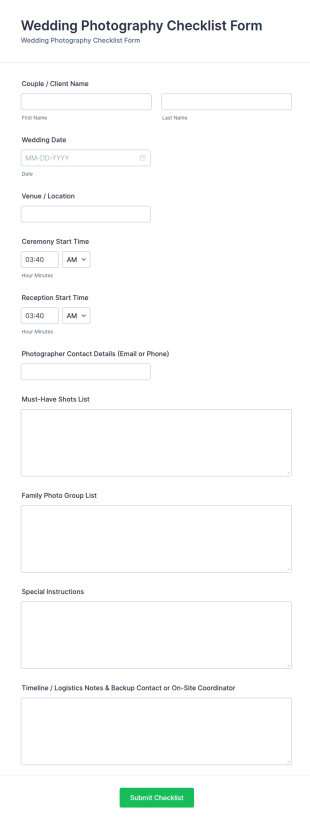 Wedding Photography Checklist Form Template