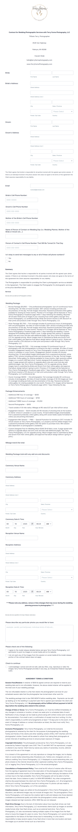 Wedding Photography Contract Form Template