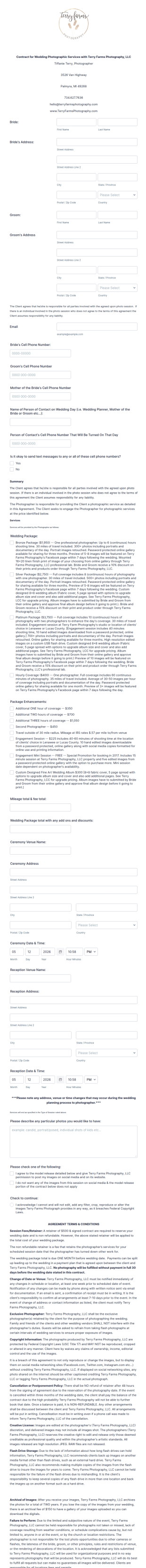 Wedding Photography Contract Form Template