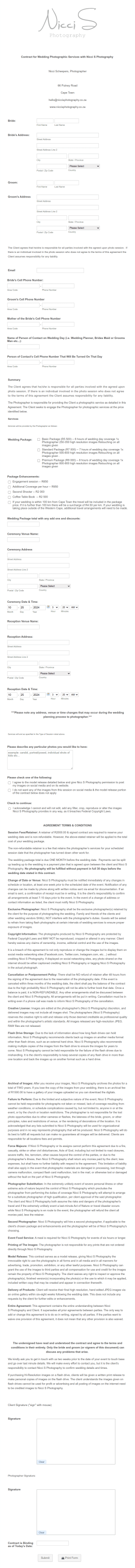 Wedding Photography Contract And Agreement Form Template
