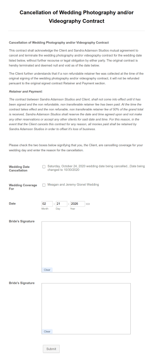 Wedding Photography Contract Cancellation Form Template