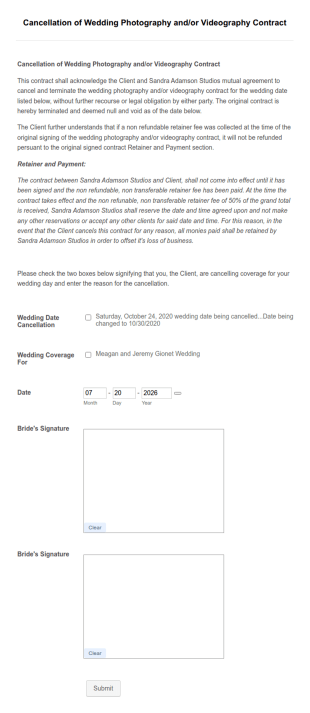 Wedding Photography Contract Cancellation Form Template