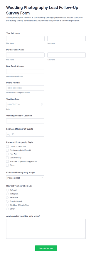 Wedding Photography Lead Follow Up Survey Form Template