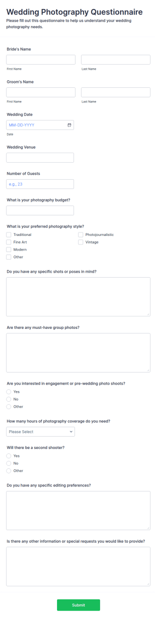 Wedding Photography Questionnaire Form Template