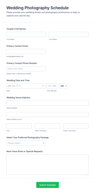 Wedding Photography Schedule Form Template