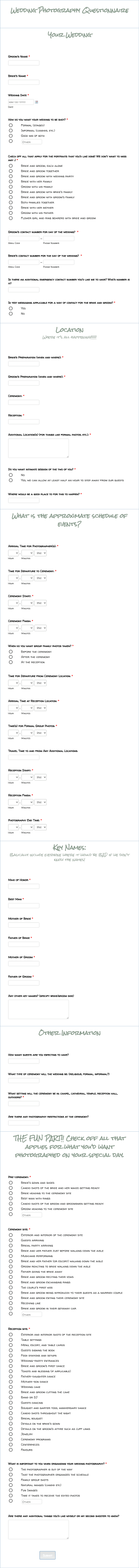 Wedding Photography Survey Form Template