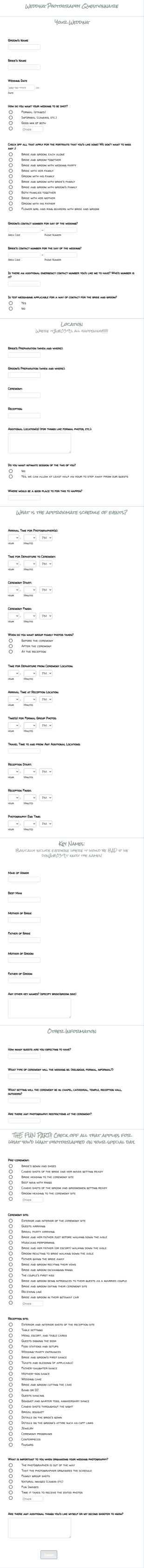Wedding Photography Survey Form Template