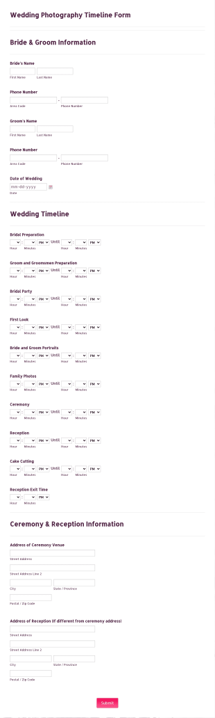 Wedding Photography Timeline Form Template