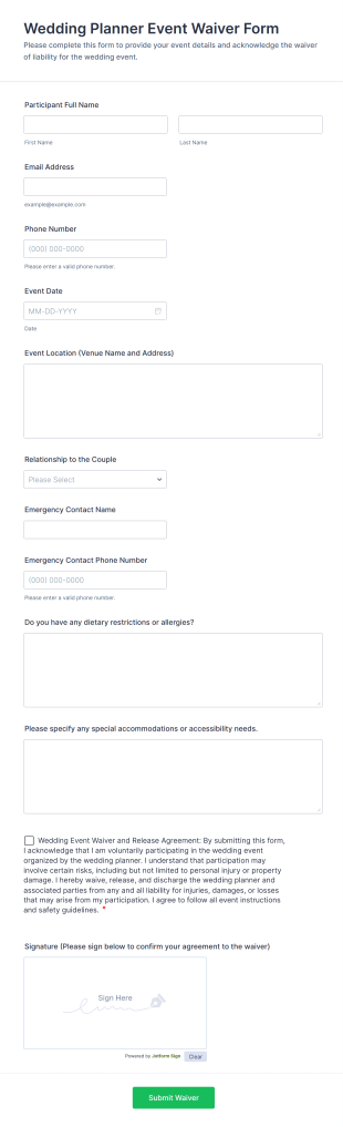 Wedding Planner Event Waiver Form Template