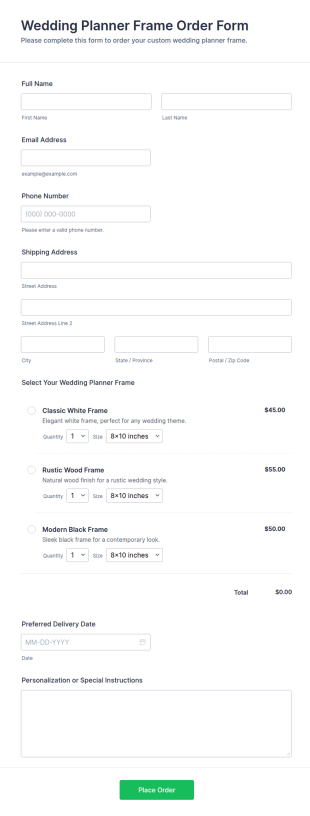 Wedding Planner Frame Order Form Template