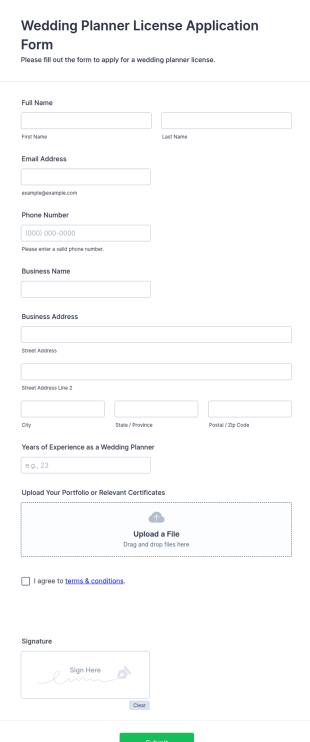 Wedding Planner License Application Form Template