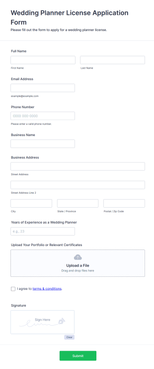 Wedding Planner License Application Form Form Template