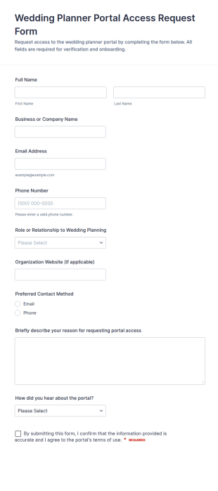 Wedding Planner Portal Access Request Form Template