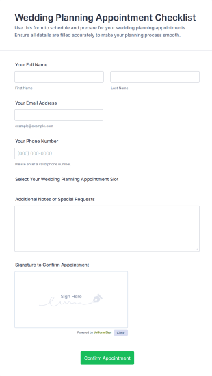 Wedding Planning Appointment Checklist Form Template