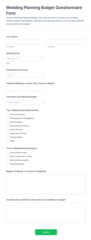 Wedding Planning Budget Questionnaire Form Template