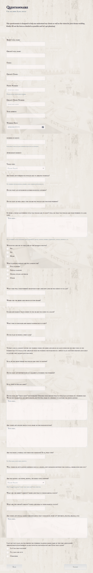 Wedding Planning Questionnaire Template Form Template