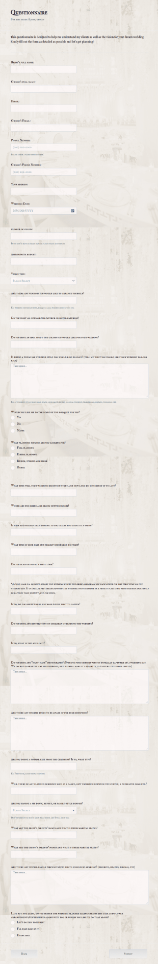Wedding Planning Questionnaire Template