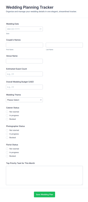 Wedding Planning Tracker Form Template