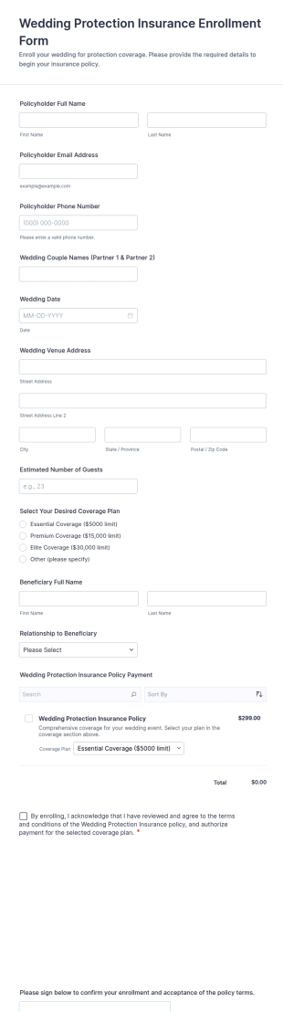Wedding Protection Insurance Enrollment Form Template