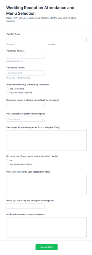 Wedding Reception Attendance And Menu Selection Form Template