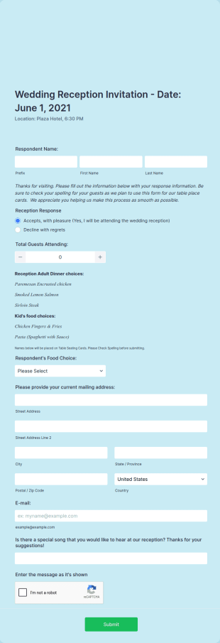 Wedding Reception Invitation Form Template