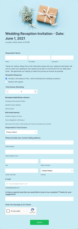 Wedding Reception Invitation Form Template