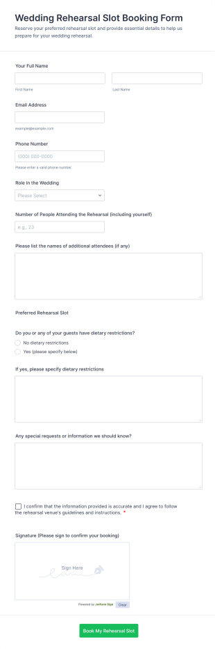 Wedding Rehearsal Slot Booking Form Template