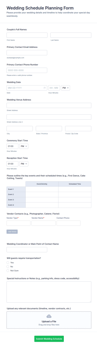 Wedding Schedule Planning Form Template