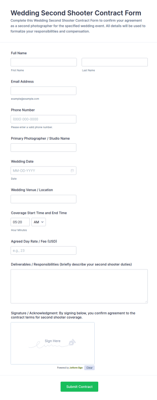 Wedding Second Shooter Contract Form Template
