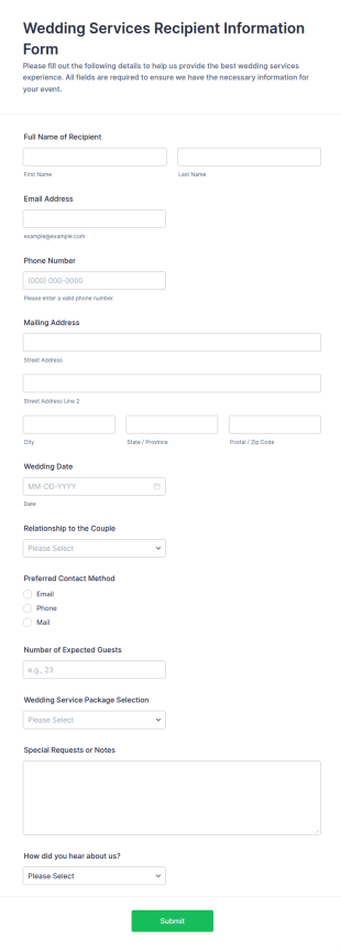 Wedding Services Recipient Information Form Template