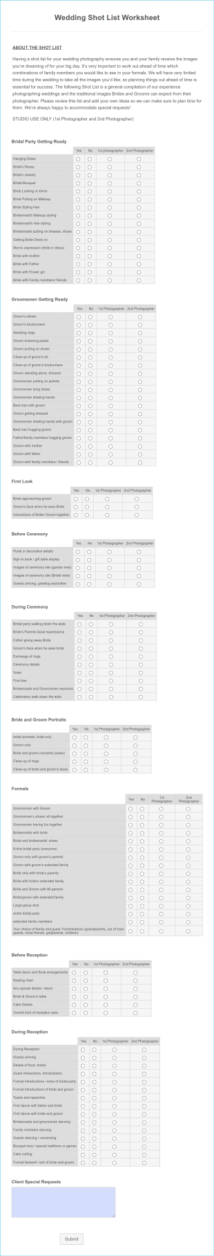 Wedding Shot List Worksheet Form Template