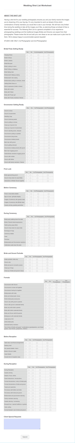 Wedding Shot List Worksheet Form Template
