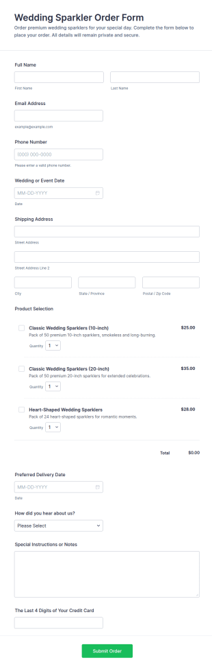 Wedding Sparkler Order Form Template