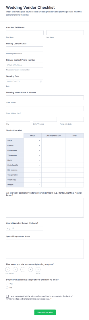 Wedding Vendor Checklist Form Template