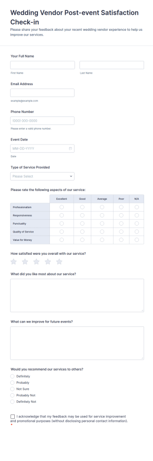 Wedding Vendor Post Event Satisfaction Check In Form Template