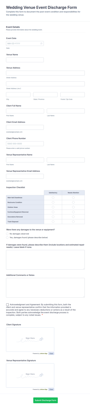 Wedding Venue Event Discharge Form Template