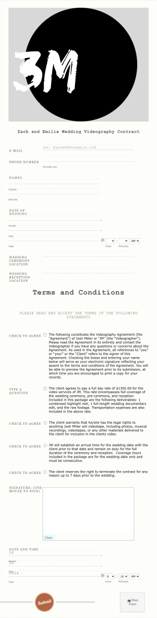 Wedding Video Services Contract Form Template