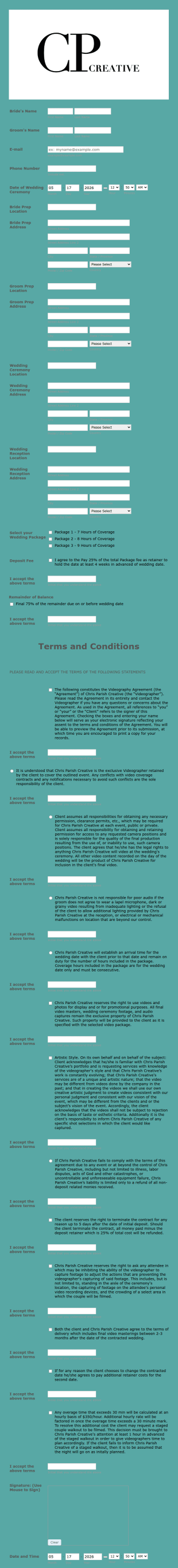 Wedding Videography Agreement Form Template