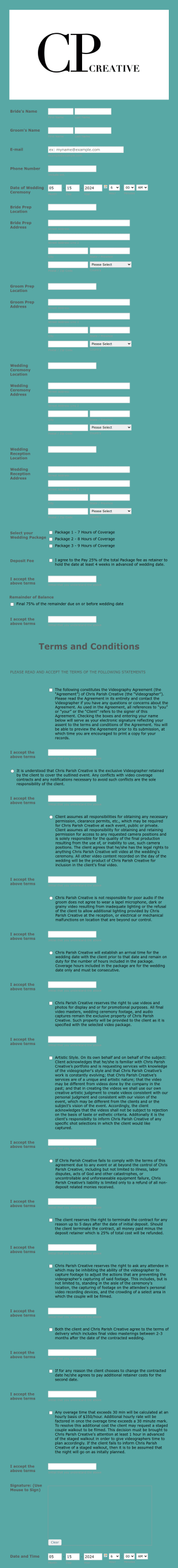 Wedding Videography Agreement Form Template