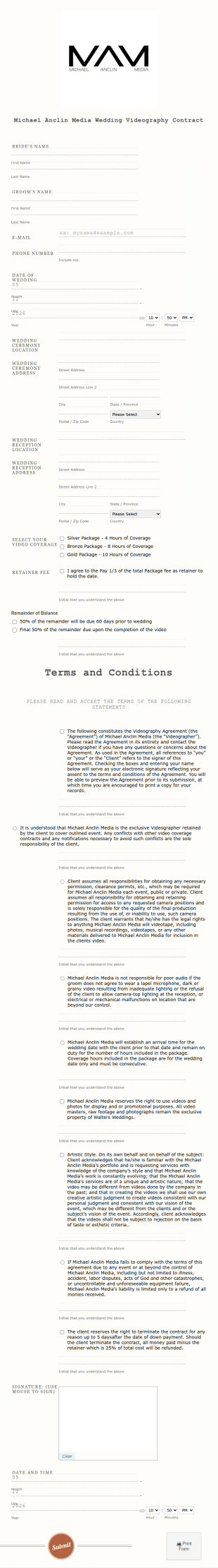 Wedding Videography Contract Form Template