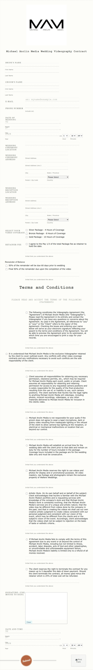 Wedding Videography Contract Form Template