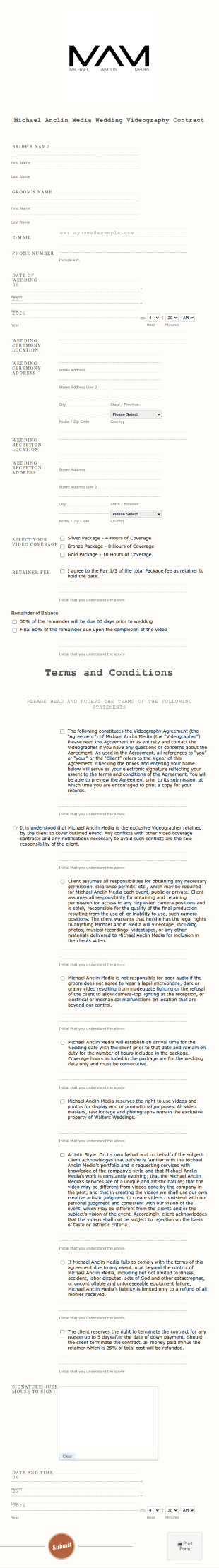Wedding Videography Contract Form Template
