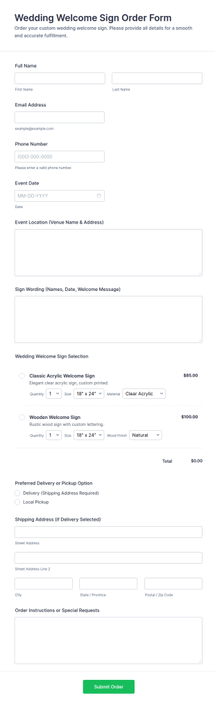 Wedding Welcome Sign Order Form Template