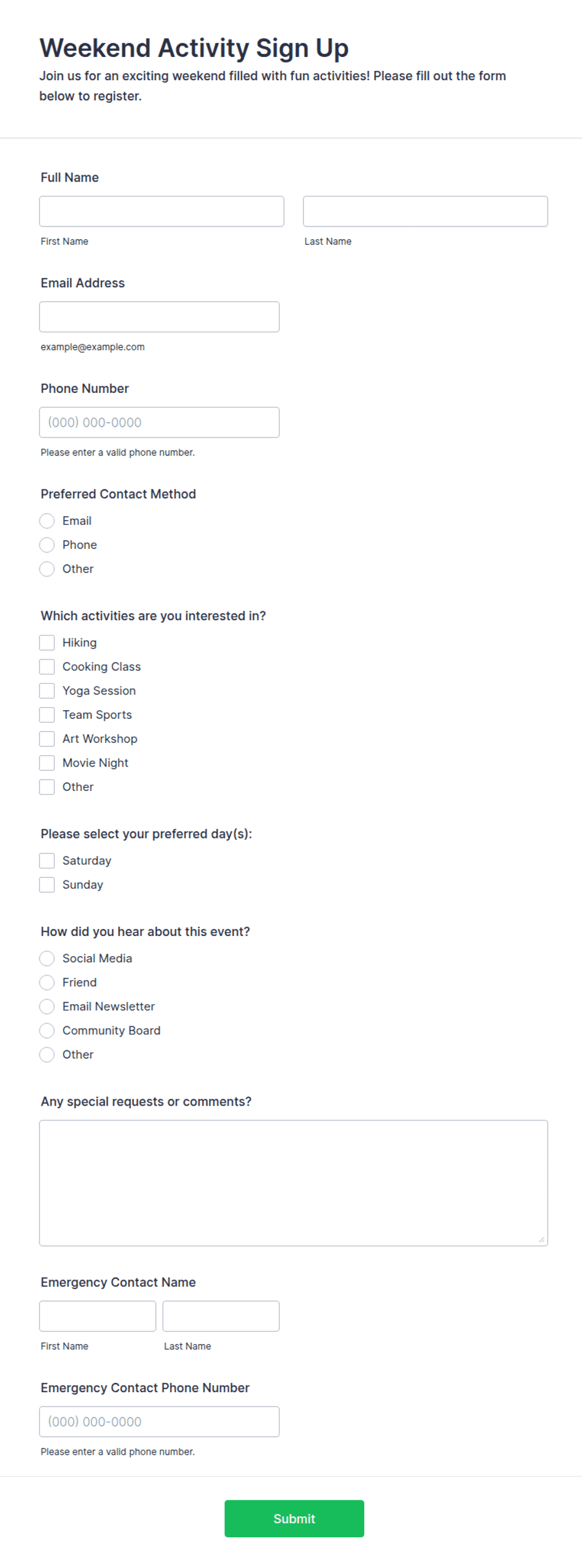 Weekend Only Form Weekend Activity Sign Up Form Template | Jotform