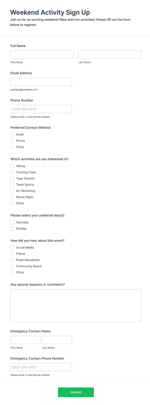 Weekend Activity Sign Up Form Template