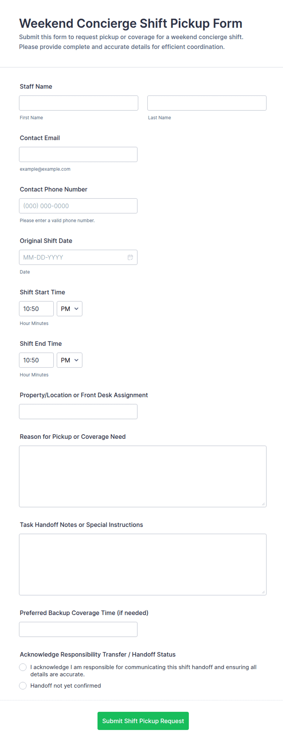 Weekend Only Form Weekend Concierge Shift Pickup Form Template | Jotform