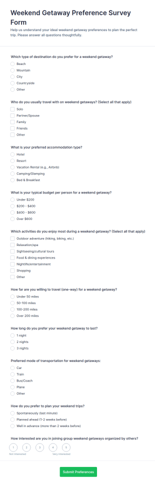 Weekend Getaway Preference Survey Form Template