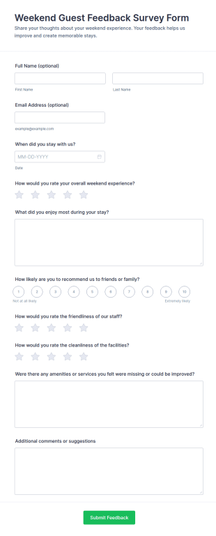 Weekend Guest Feedback Survey Form Template